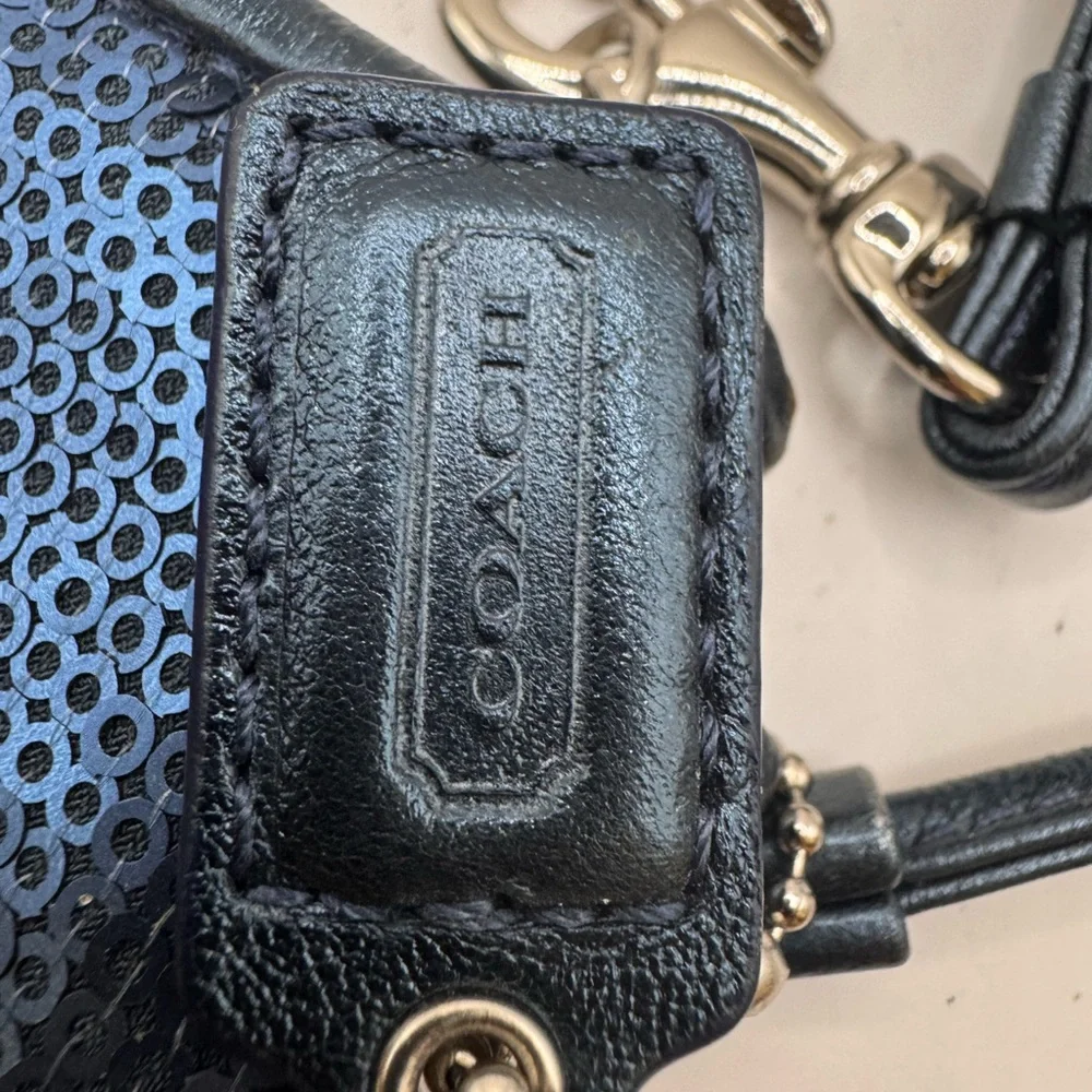 Coach Navy Sequin Wristlet Clutch with Leather Trim - Picture 3 of 7